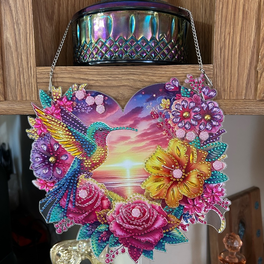 Colorful Hummingbird and Floral Heart Wall Decor